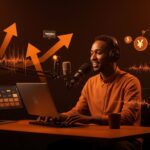 Fundador de podcast en entorno moderno con ondas sonoras y símbolos de monetización, reflejando la estrategia de Amazon para startups en audio.