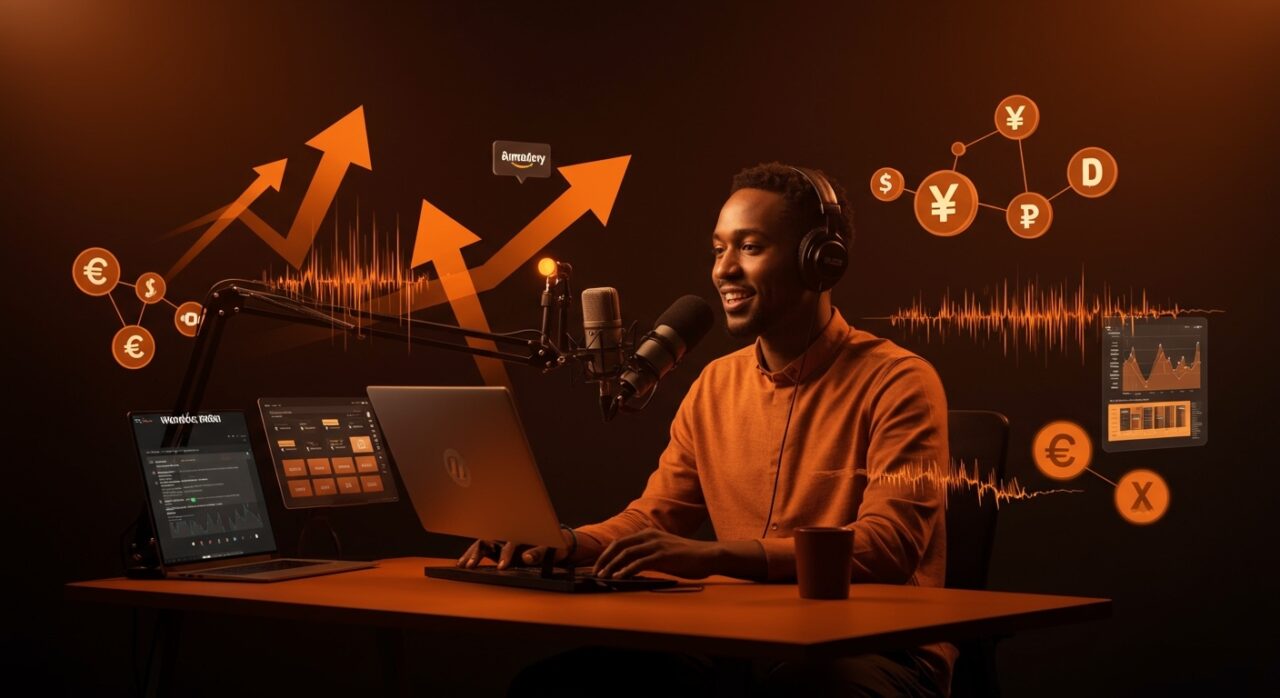 Fundador de podcast en entorno moderno con ondas sonoras y símbolos de monetización, reflejando la estrategia de Amazon para startups en audio.