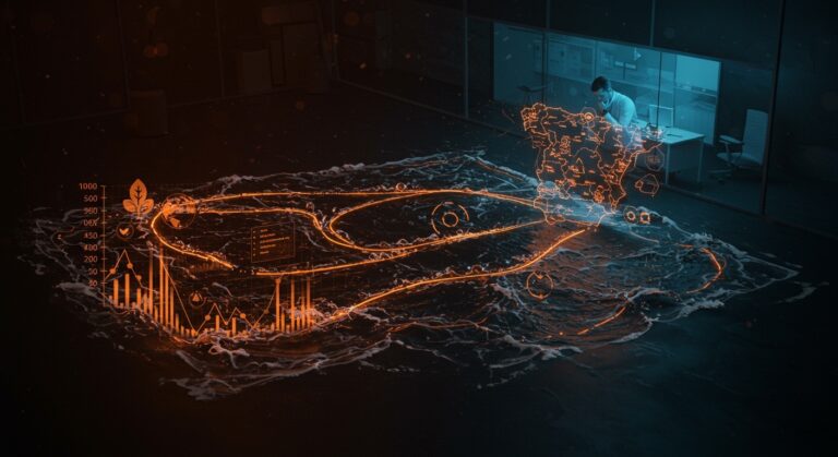 Imagen conceptual de la corriente atlántica AMOC debilitándose y su impacto económico en startups españolas ante el cambio climático.