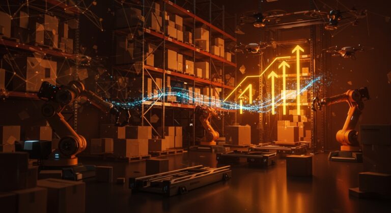 Automatización logística con inteligencia artificial en e-commerce representando inversión de Andreani y escalabilidad para startups.