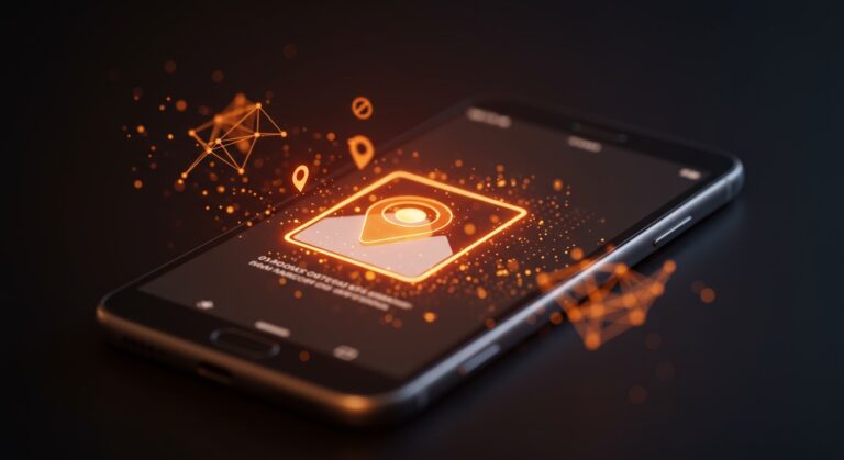 Smartphone bloqueando datos de geolocalización EXIF en fotos, ilustrando la privacidad en Android al compartir imágenes en la web.