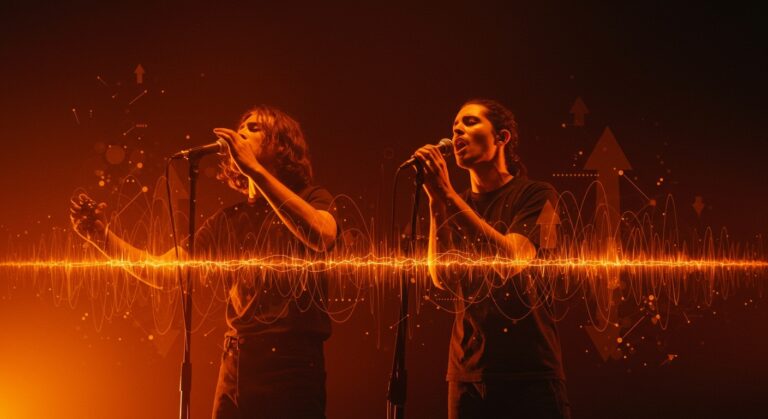 Dúo canadiense Angine de Poitrine en una escena vibrante que simboliza la música microtonal viral y la creatividad que la IA no puede copiar en el ecosistema startup.