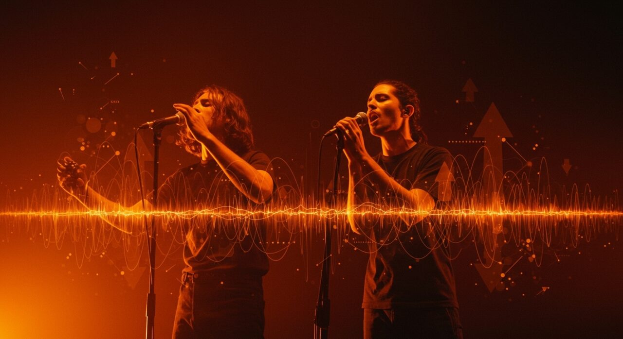 Dúo canadiense Angine de Poitrine en una escena vibrante que simboliza la música microtonal viral y la creatividad que la IA no puede copiar en el ecosistema startup.