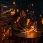 Founders hispanos explorando oportunidades en el mercado global del anime de 34.7 mil millones, con elementos digitales y de streaming representando crecimiento y tecnología.