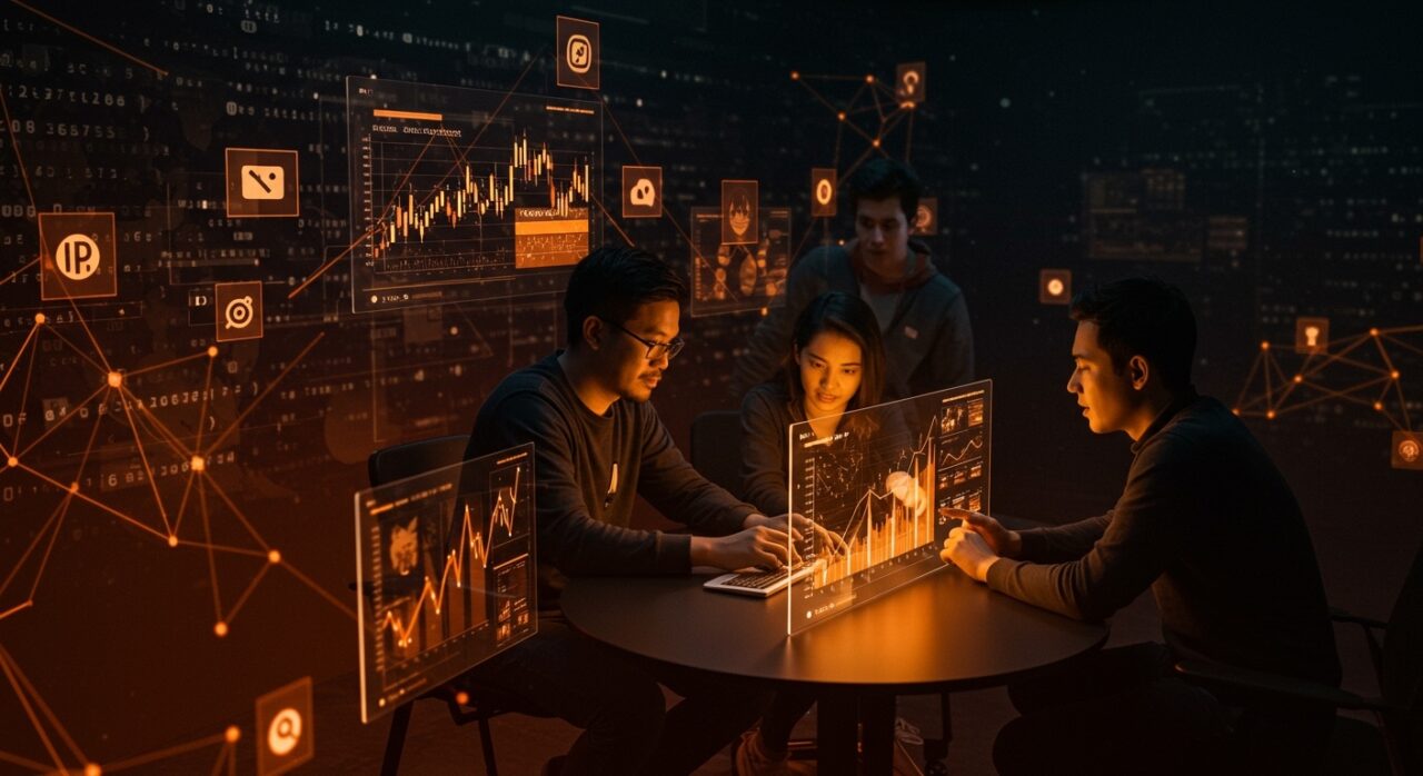 Founders hispanos explorando oportunidades en el mercado global del anime de 34.7 mil millones, con elementos digitales y de streaming representando crecimiento y tecnología.