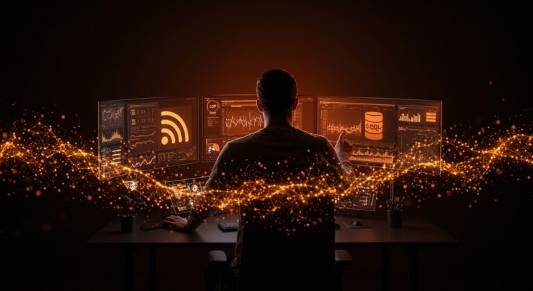 Antenna lector RSS self-hosted con servidor MCP mostrando automatización de información para founders técnicos en un entorno futurista con paleta naranja y negro.