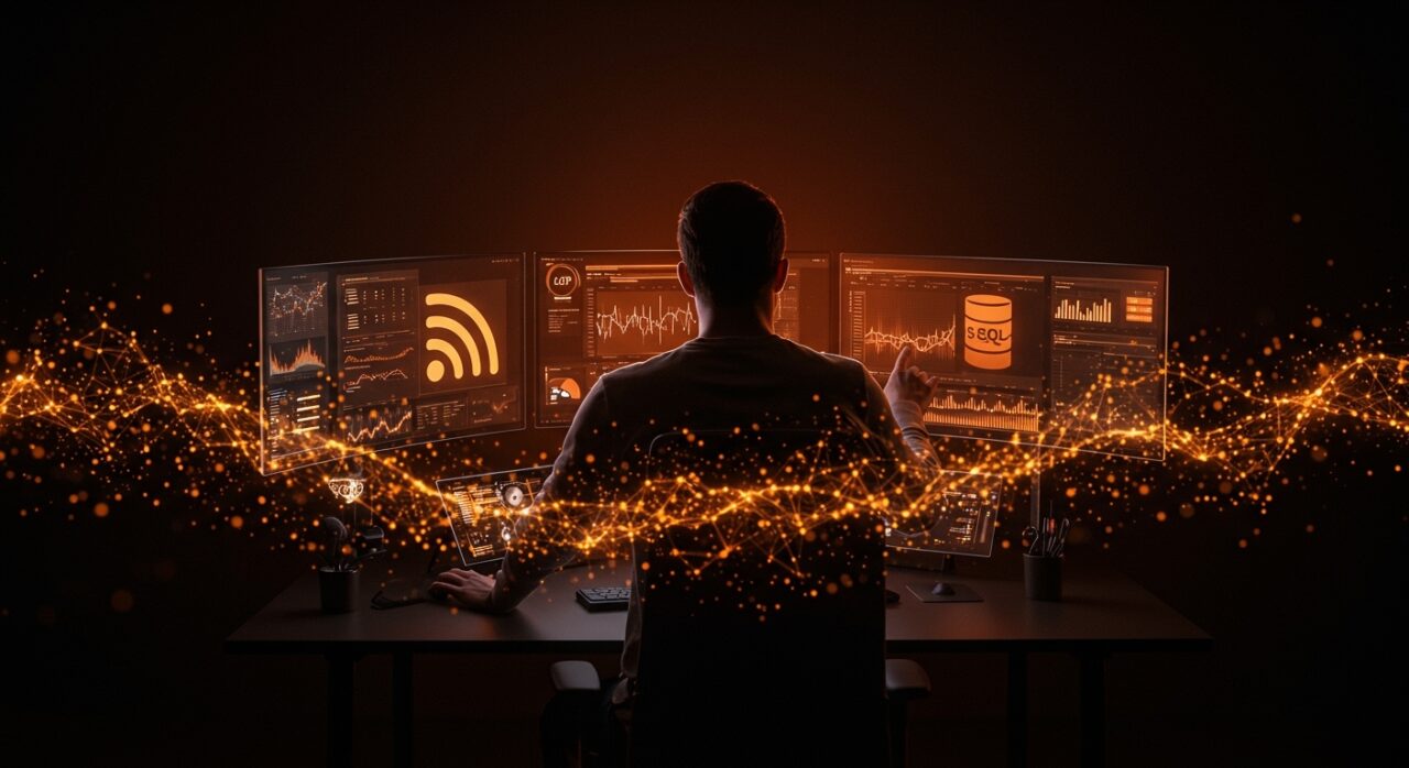 Antenna lector RSS self-hosted con servidor MCP mostrando automatización de información para founders técnicos en un entorno futurista con paleta naranja y negro.