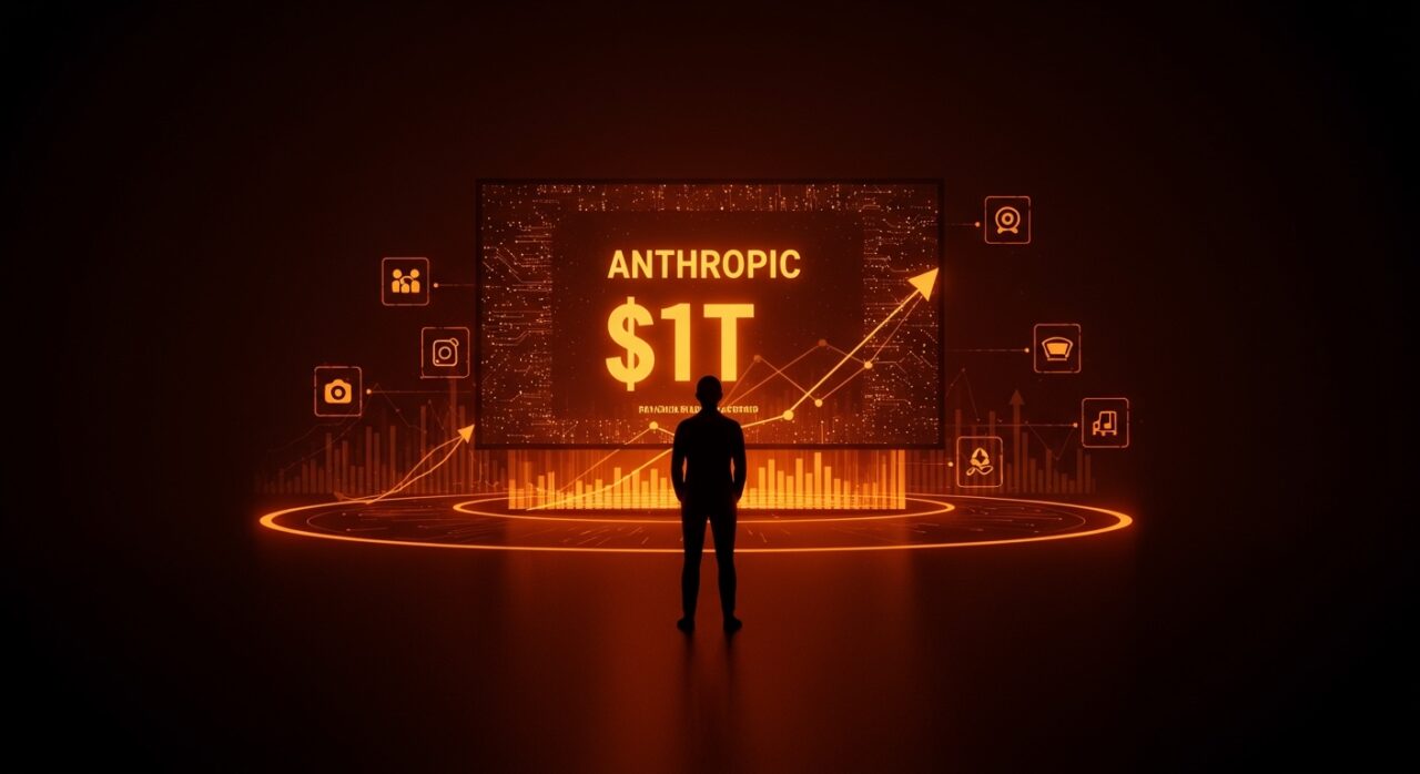 Fundador de IA frente a pantalla digital destacando la valoración de Anthropic y estrategias de partnership y funding en startups AI 2026.