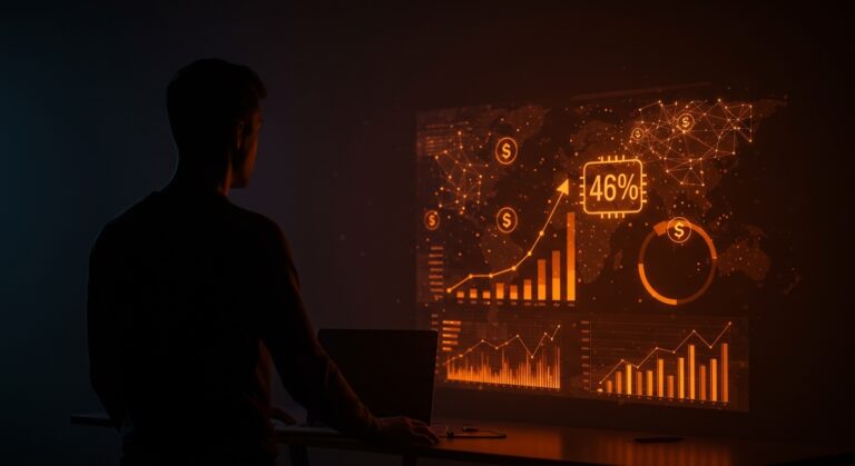 Incremento inesperado del 46% en costes de IA que afecta a startups, con metáforas visuales de economía de tokens y monetización en inteligencia artificial.