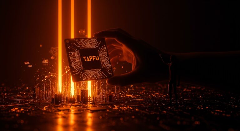 Chip TPU futurista en tonos naranja y negro simbolizando la infraestructura de IA de Anthropic con tecnología Google y Broadcom para 2027.