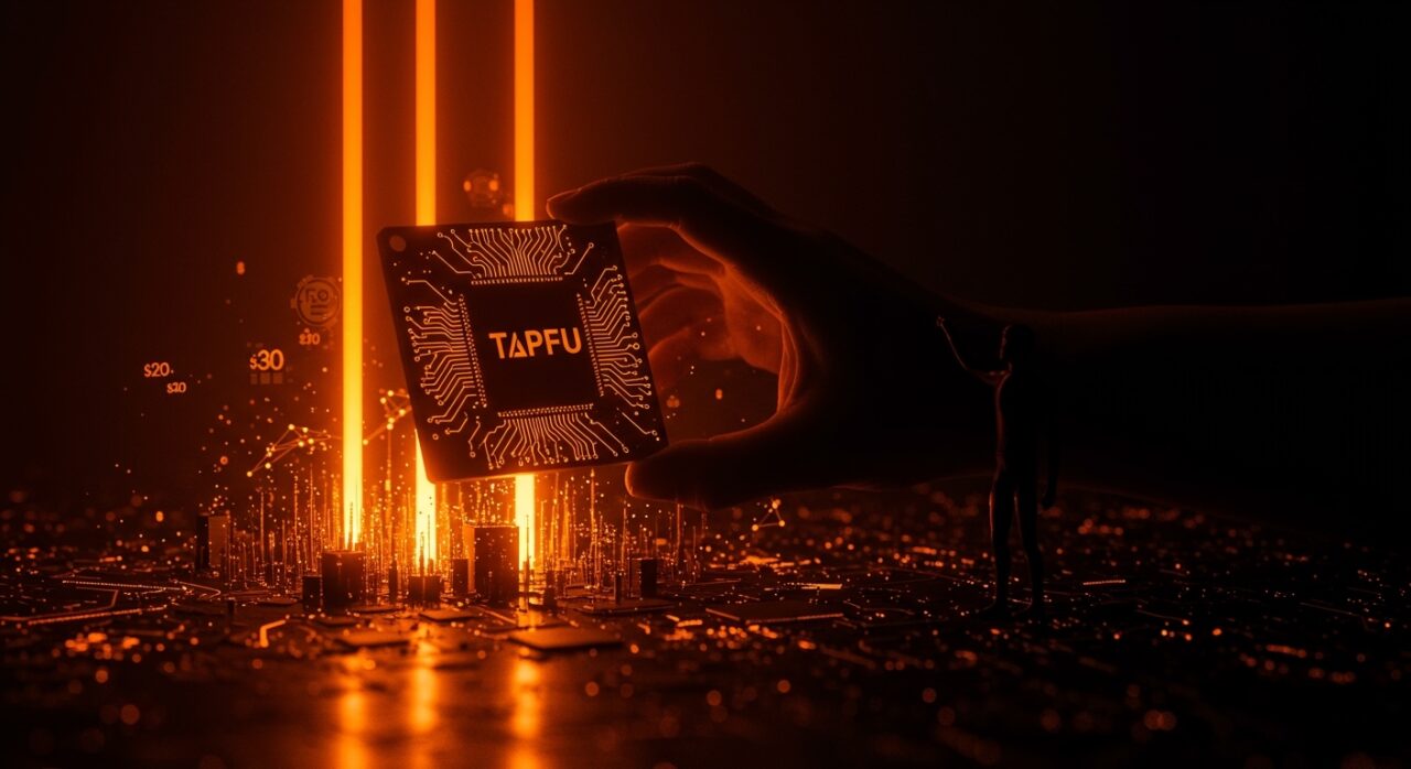 Chip TPU futurista en tonos naranja y negro simbolizando la infraestructura de IA de Anthropic con tecnología Google y Broadcom para 2027.