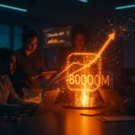 Fundadores de startups analizando inversión y la API Claude en un entorno futurista con símbolos de valuación de Anthropic en inteligencia artificial.