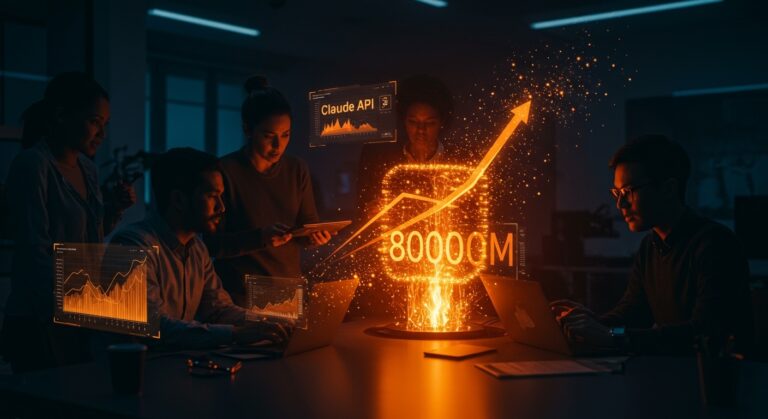 Fundadores de startups analizando inversión y la API Claude en un entorno futurista con símbolos de valuación de Anthropic en inteligencia artificial.