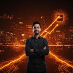 Founder de startup IA frente a una ciudad digital futurista con redes neuronales y símbolos de financiamiento y alianzas estratégicas, destacando a Anthropic y el ecosistema hispano.