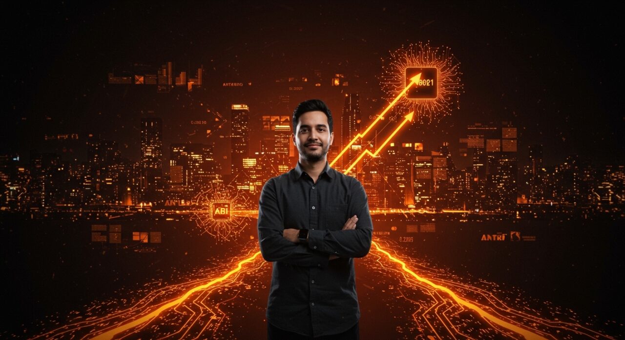 Founder de startup IA frente a una ciudad digital futurista con redes neuronales y símbolos de financiamiento y alianzas estratégicas, destacando a Anthropic y el ecosistema hispano.