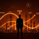 Fundador de startup frente a horizonte digital con estructuras de datos y flujos de inversión representando la valoración de Anthropic y fundraising en el ecosistema IA 2026.