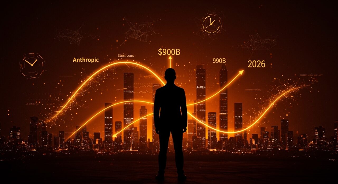 Fundador de startup frente a horizonte digital con estructuras de datos y flujos de inversión representando la valoración de Anthropic y fundraising en el ecosistema IA 2026.