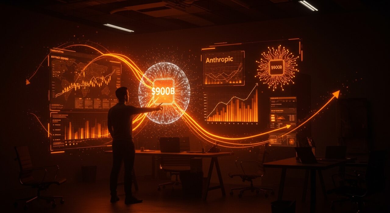 Visualización de fundador observando la valoración de 900 mil millones de dólares y financiación de Anthropic en el ecosistema startup de inteligencia artificial.