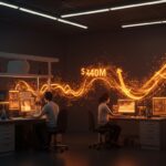 Equipo startup biotech colaborando con IA aplicada en laboratorio moderno, simbolizando adquisición millonaria y crecimiento en healthtech LATAM.