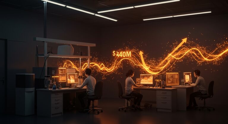 Equipo startup biotech colaborando con IA aplicada en laboratorio moderno, simbolizando adquisición millonaria y crecimiento en healthtech LATAM.