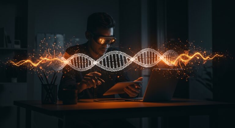 Fundador de startup biotech analizando ADN digital, simbolizando IA aplicada, funding y consolidación en healthtech tras adquisición de Anthropic.