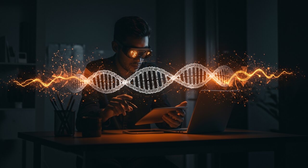Fundador de startup biotech analizando ADN digital, simbolizando IA aplicada, funding y consolidación en healthtech tras adquisición de Anthropic.