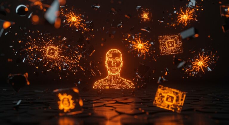 Ilustración conceptual de Claude Mythos de Anthropic mostrando exploits funcionales y vulnerabilidades zero-day en un entorno cibernético de alta tecnología enfocado en ciberseguridad y IA ofensiva.