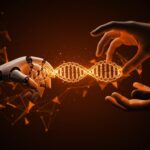 Adquisición de startup biotech IA con intercambio simbólico entre mano robótica y humana, representando innovación y financiamiento en biotecnología e inteligencia artificial.