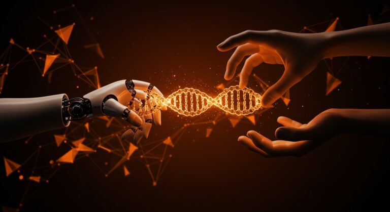 Adquisición de startup biotech IA con intercambio simbólico entre mano robótica y humana, representando innovación y financiamiento en biotecnología e inteligencia artificial.