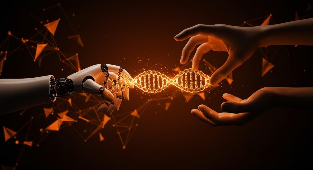 Adquisición de startup biotech IA con intercambio simbólico entre mano robótica y humana, representando innovación y financiamiento en biotecnología e inteligencia artificial.