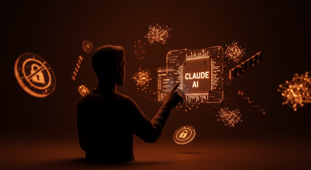 Fundador tecnológico interactuando con interfaz de inteligencia artificial Claude AI limitada por suscripción, simbolizando el impacto de Anthropic en startups IA en LATAM.