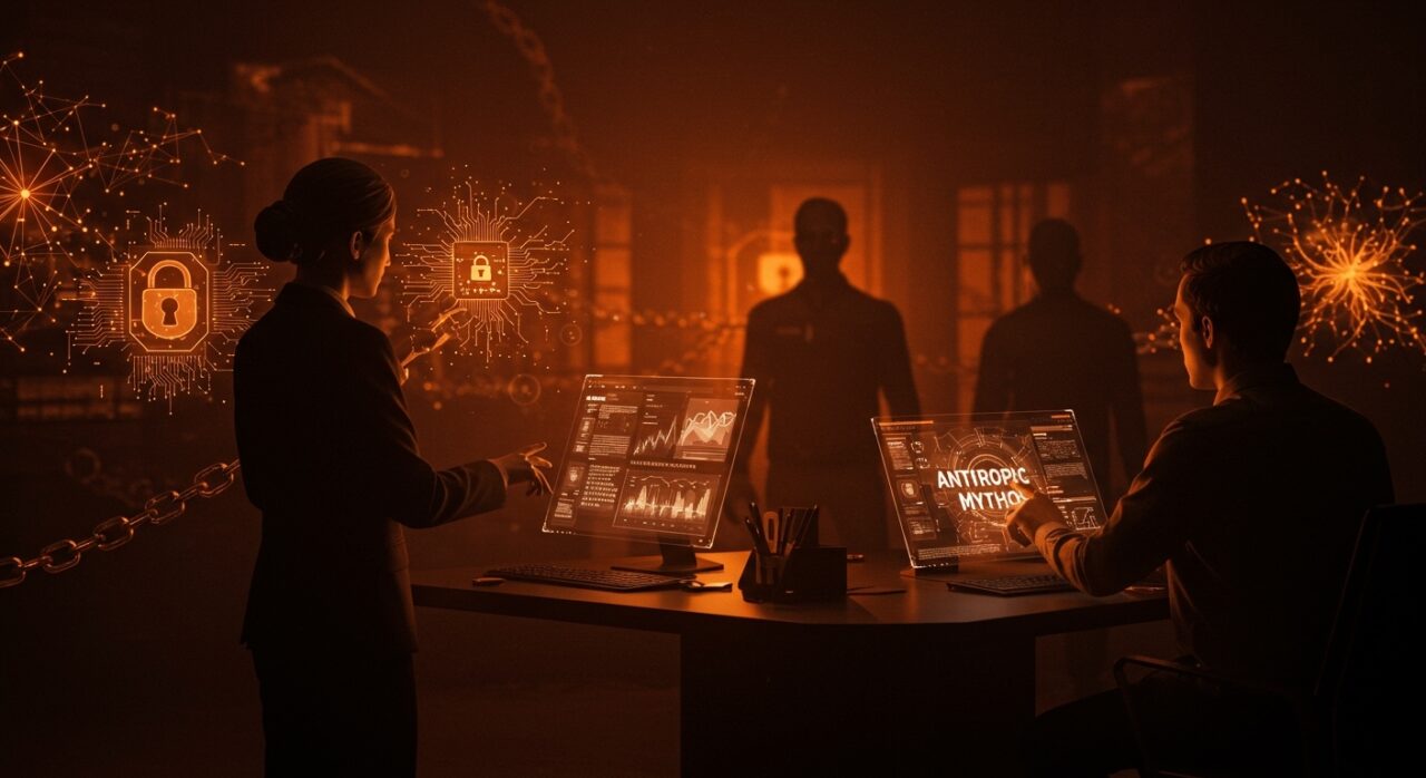 Imagen editorial de IA Anthropic Mythos en bancos entre adopción y riesgos de seguridad en cadena de suministro fintech.