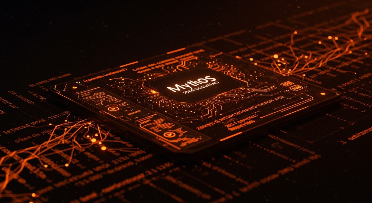 Interfaz futurista de IA Anthropic Mythos detectando vulnerabilidades zero-day en una base de código extensa, resaltando su impacto en ciberseguridad para startups.