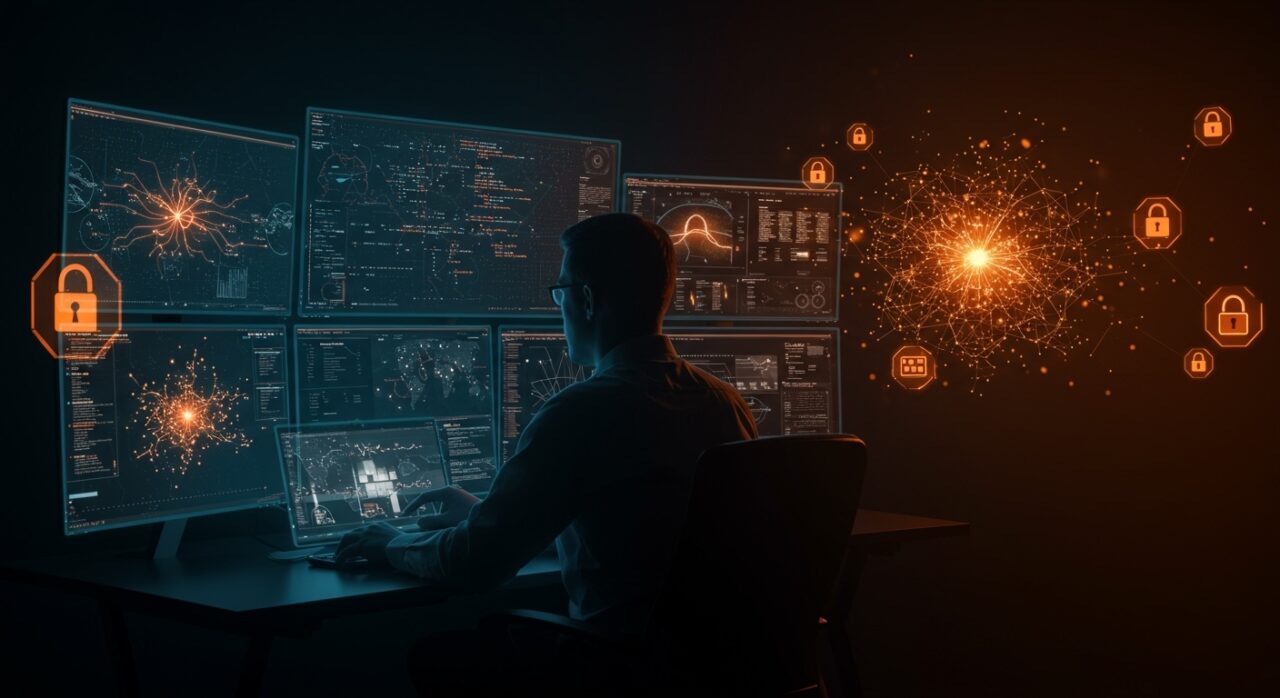 Analista de la NSA usando tecnología AI Mythos de Anthropic para detectar vulnerabilidades en un entorno de ciberseguridad de alta tecnología.