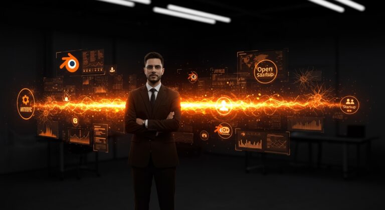 Representación visual de Anthropic uniéndose al Blender Development Fund, destacando el patrocinio corporativo y la colaboración open source en el sector de IA para startups.