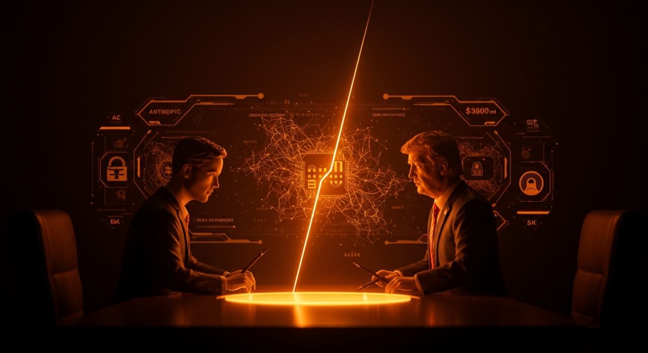 Conflicto visual entre Anthropic y Donald Trump representando un enfrentamiento en IA y ciberseguridad en el ecosistema startup.