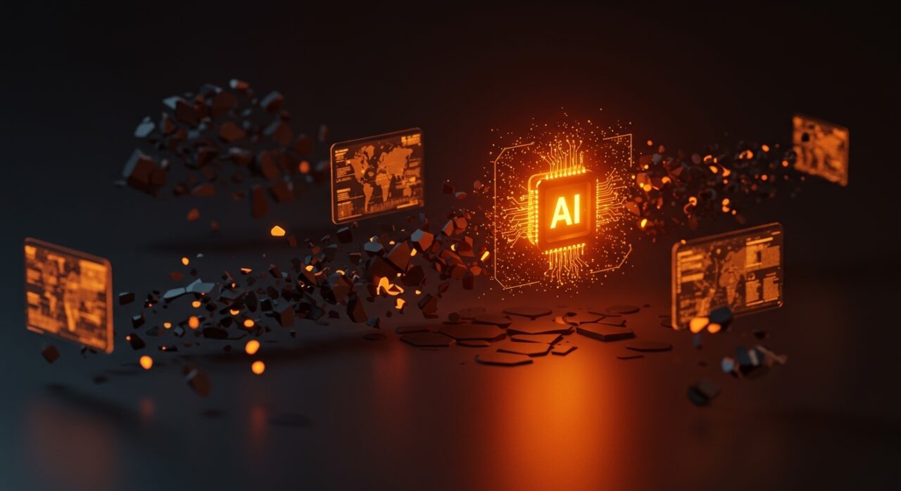 Antifraude centralizado con IA en fintech y bancos LATAM representado por un sistema digital conectando datos fragmentados para evitar falsos positivos y pérdidas financieras.