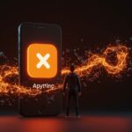 Fundador resiliente de startup tecnológico frente a un smartphone gigante con icono de Anything, simbolizando supervivencia ante expulsiones del Apple App Store y estrategias de vibe coding.