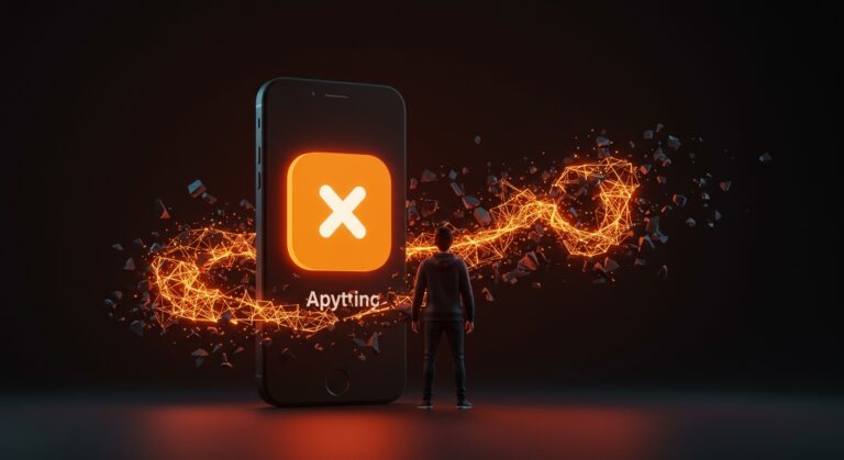 Fundador resiliente de startup tecnológico frente a un smartphone gigante con icono de Anything, simbolizando supervivencia ante expulsiones del Apple App Store y estrategias de vibe coding.