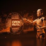 Silueta robótica interactuando con datos brillantes y gráficos financieros que representan el protocolo abierto MCP para trading de agentes IA en fintech.