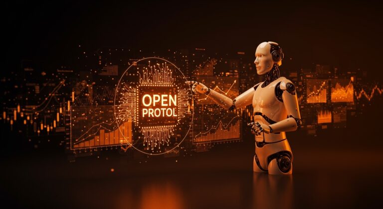 Silueta robótica interactuando con datos brillantes y gráficos financieros que representan el protocolo abierto MCP para trading de agentes IA en fintech.