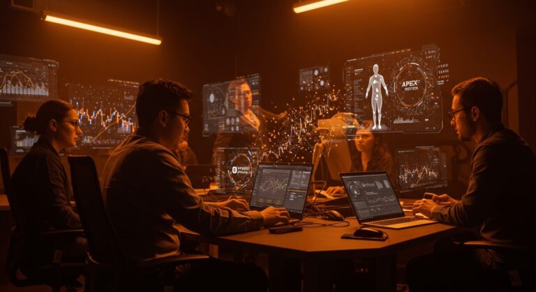 Equipo fintech latinoamericano usando IA e interoperabilidad en trading algorítmico con Apex Protocol y MCP.