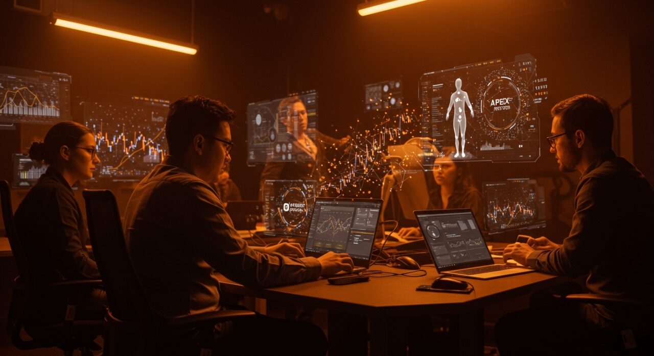 Equipo fintech latinoamericano usando IA e interoperabilidad en trading algorítmico con Apex Protocol y MCP.