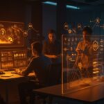 Startup founders utilizando herramientas no-code y APIs para automatización y ahorro de costos en un entorno tecnológico avanzado.