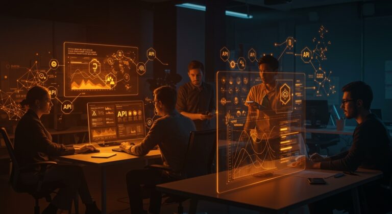 Startup founders utilizando herramientas no-code y APIs para automatización y ahorro de costos en un entorno tecnológico avanzado.