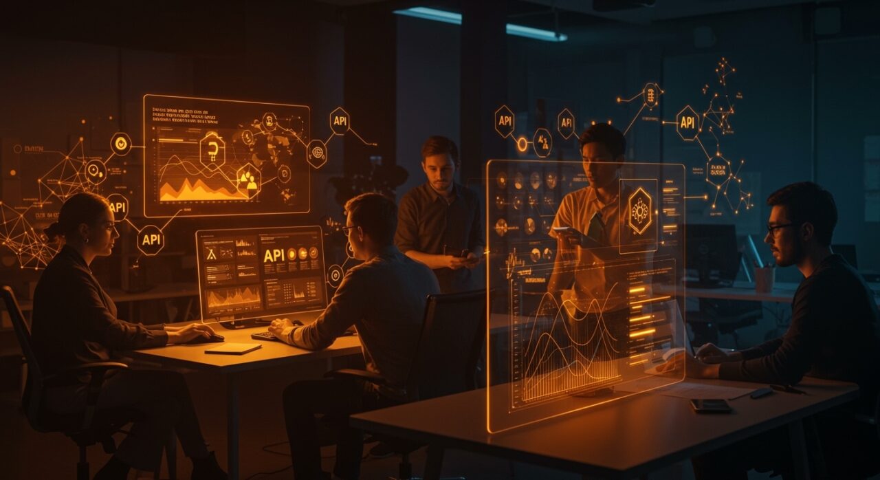 Startup founders utilizando herramientas no-code y APIs para automatización y ahorro de costos en un entorno tecnológico avanzado.