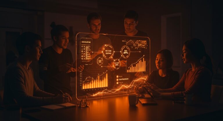 Fundadores de startups usando herramientas no-code para automatización y ahorro en desarrollo tecnológico en 2026.