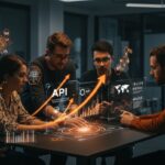 Fundadores de startups colaborando con herramientas no-code y APIs para automatización y ahorro de desarrollo en LATAM y España en 2026.