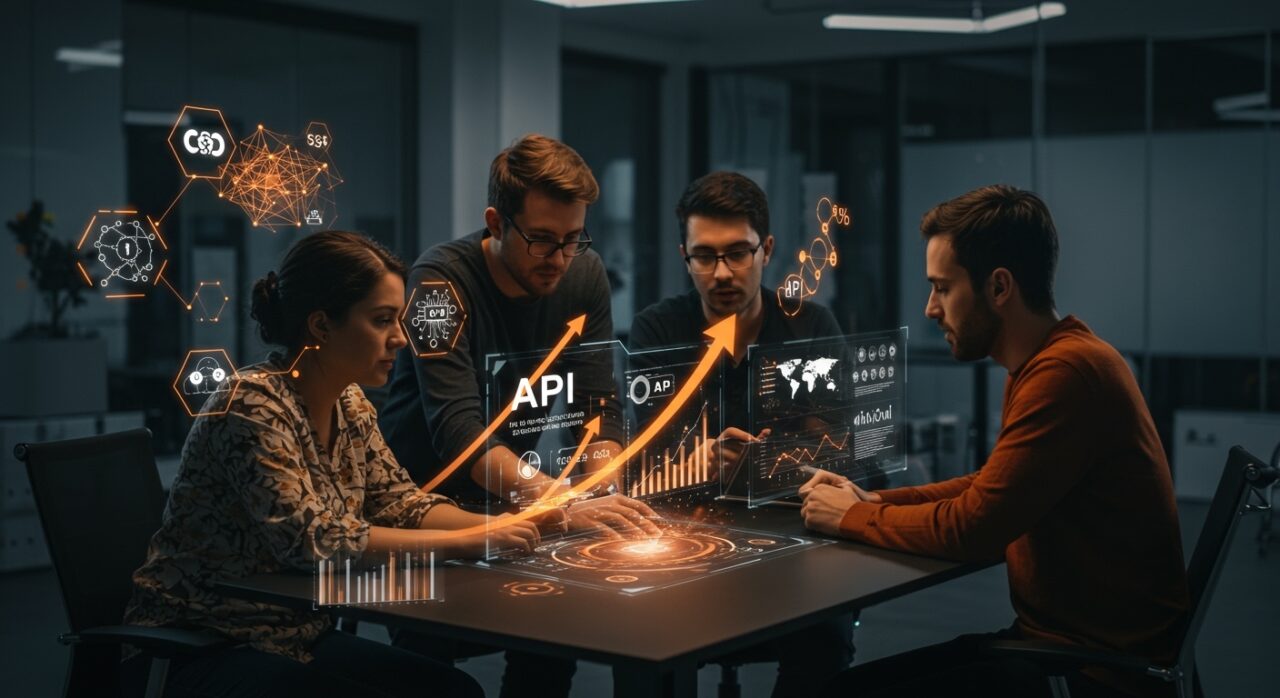 Fundadores de startups colaborando con herramientas no-code y APIs para automatización y ahorro de desarrollo en LATAM y España en 2026.