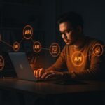 Founder integrando APIs con herramientas no-code para automatización e integración en startups de tecnología.